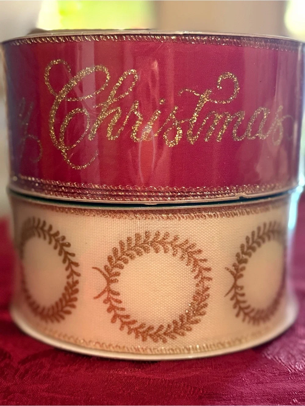 Christmas Ribbon & Gold Wreath Holiday Ribbon Set - Red and Ivory